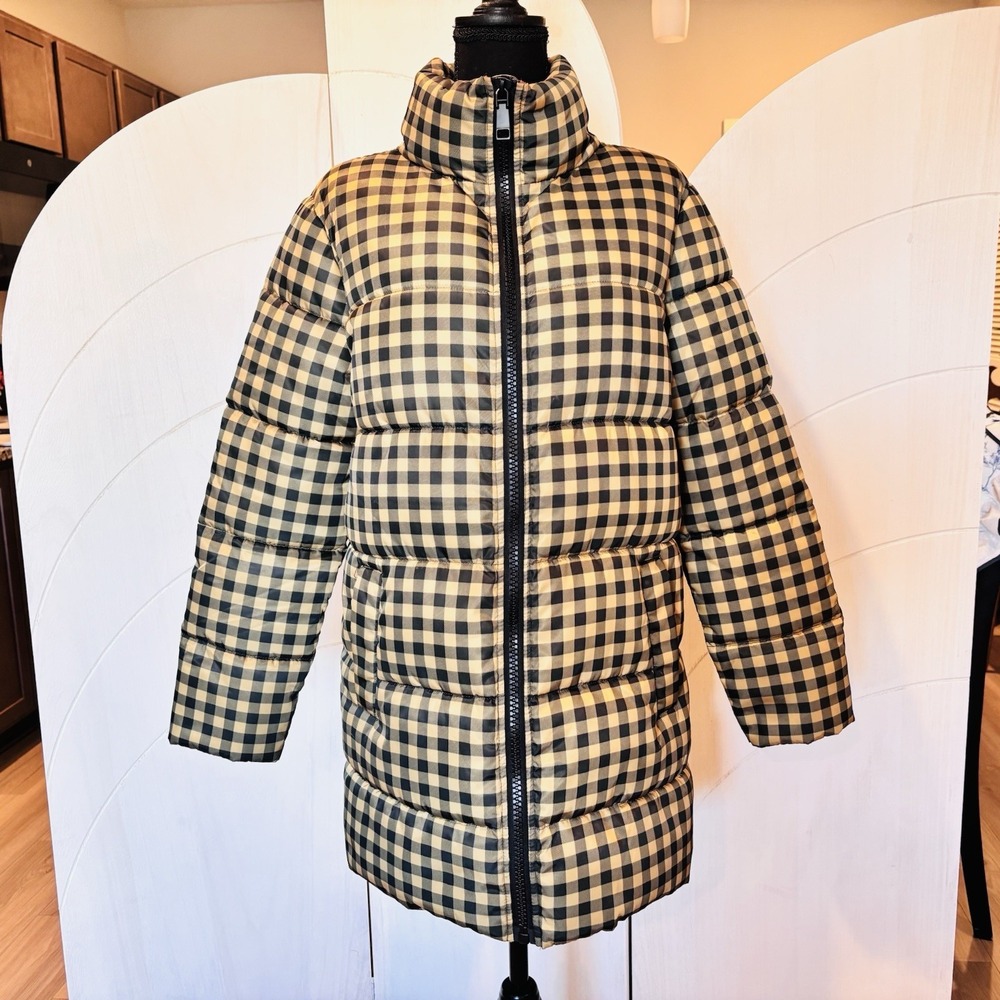 Rebecca Minkoff Puffer Coat Jacket Yellow Black Gingham Buffalo Plaid size Small